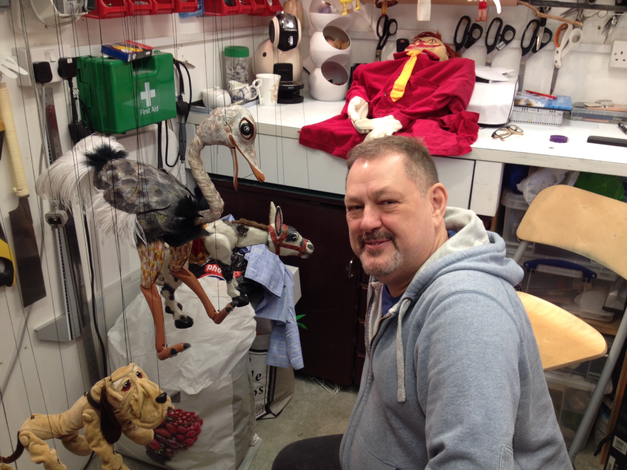 Keith Frederick working on the new and old Muffin puppets